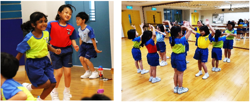Young children in blue and yellow uniforms play and dance indoors in two side-by-side photos.